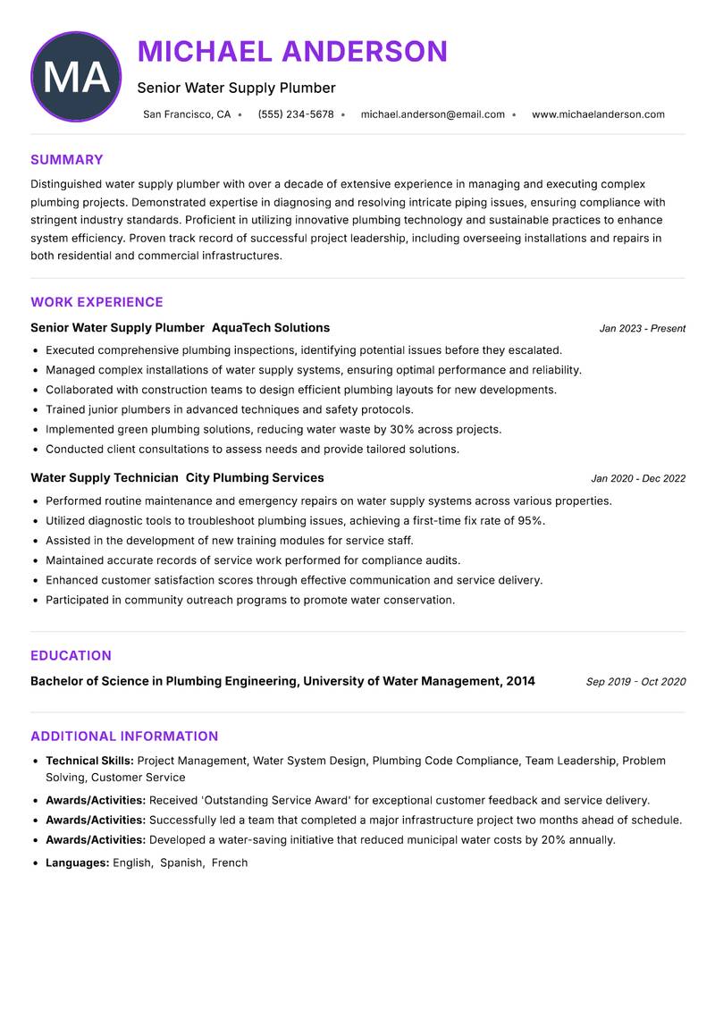 Water Supply Plumber Resume Preview Example