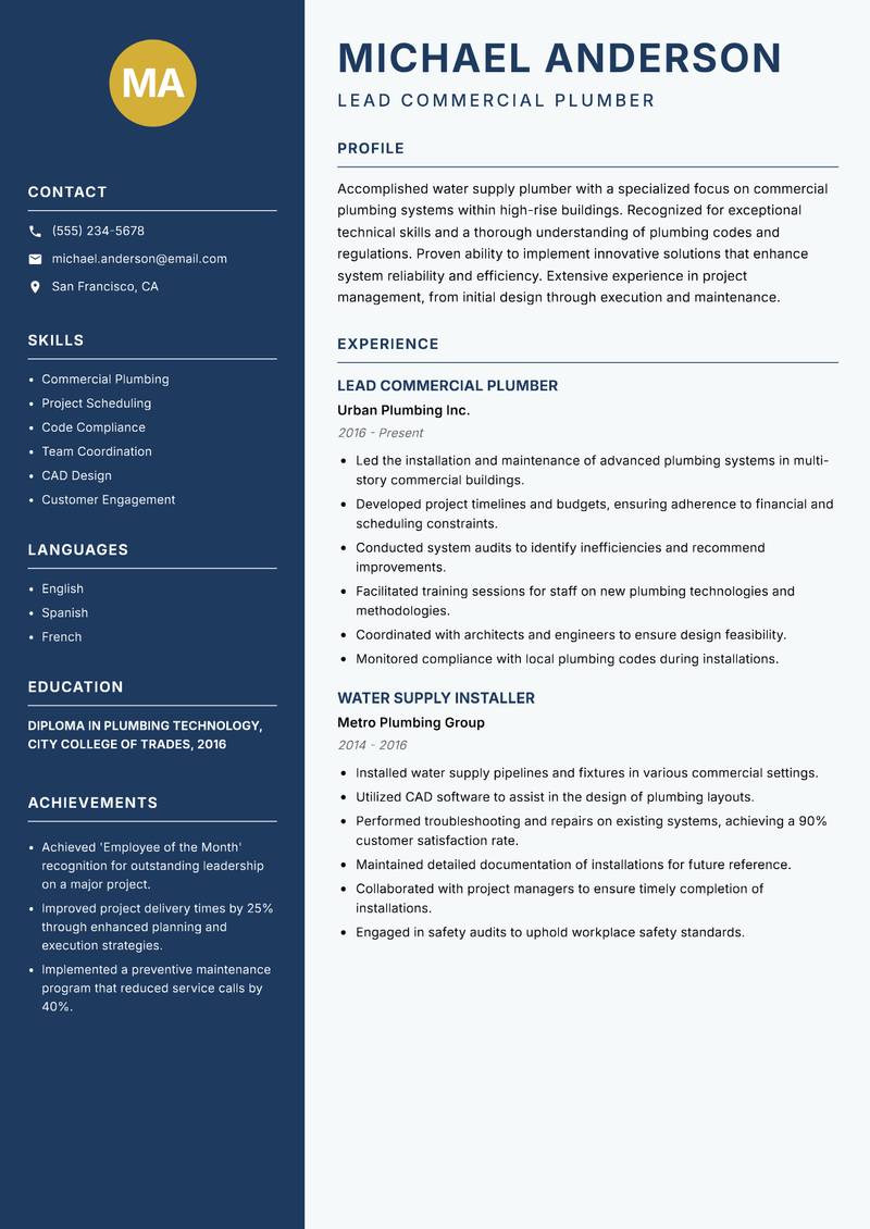 Water Supply Plumber Resume Preview Example