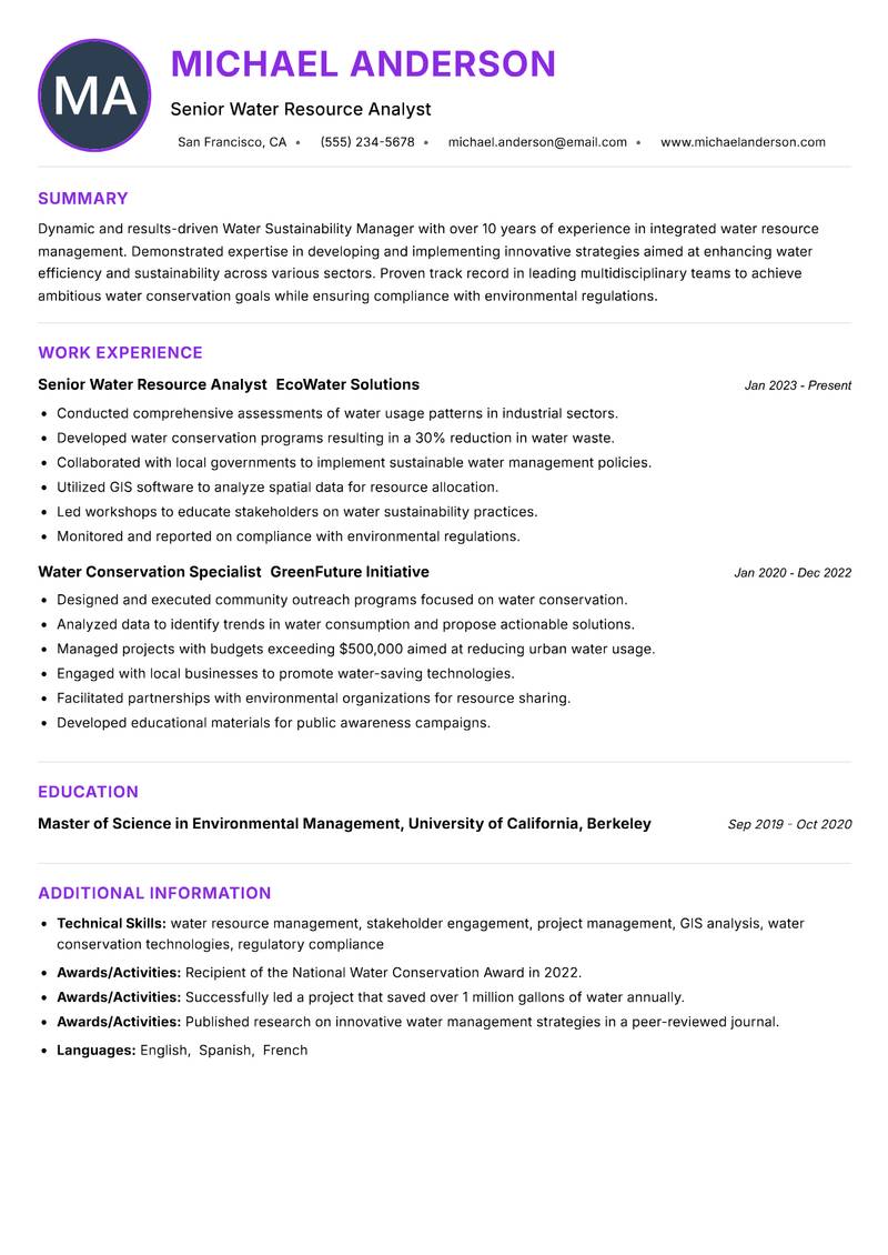 Water Sustainability Manager Resume Preview Example
