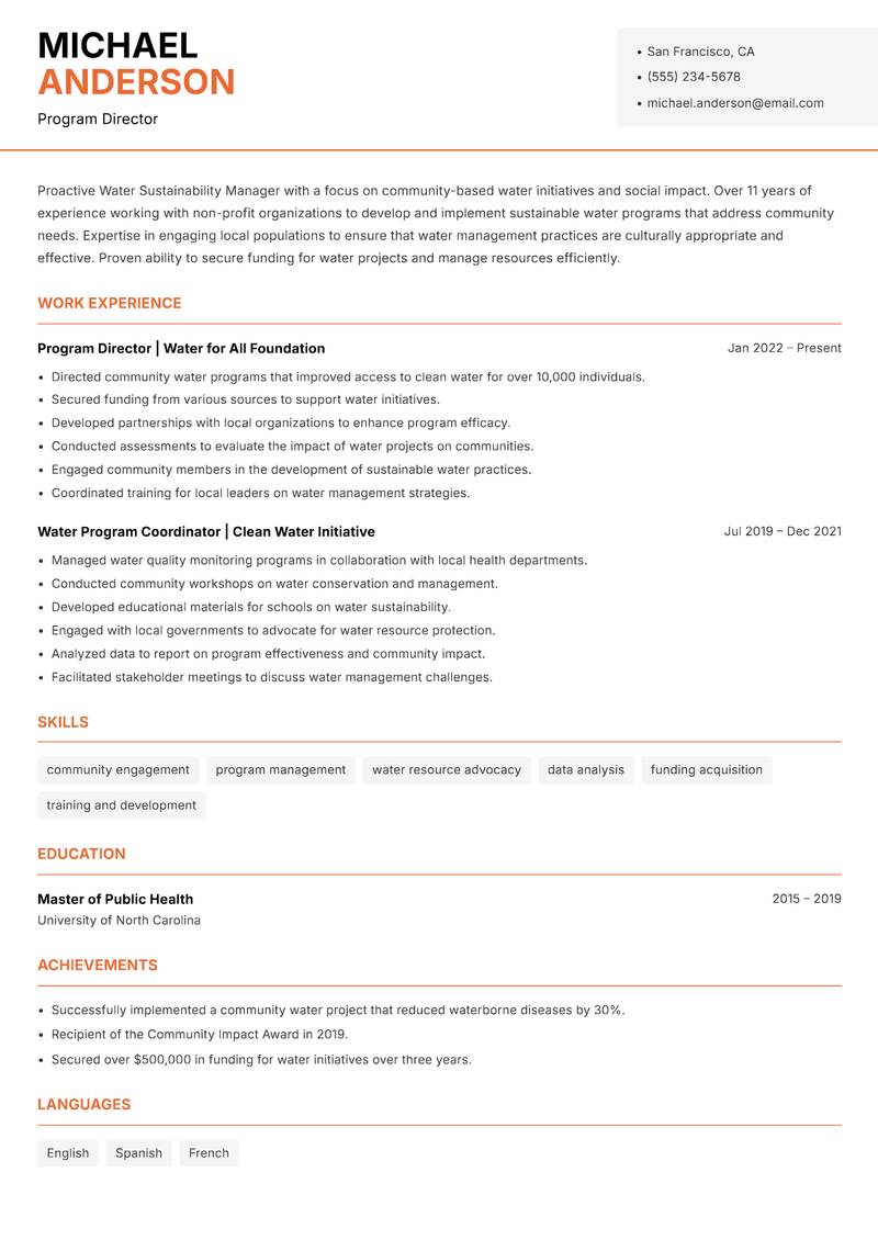 Water Sustainability Manager Resume Template