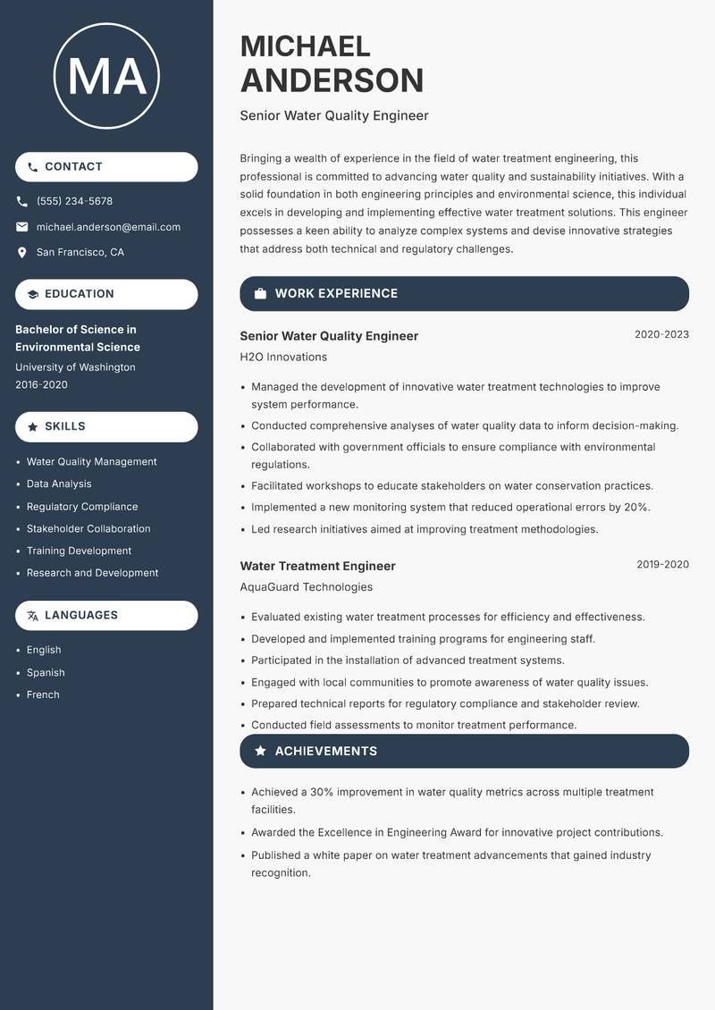 Water Treatment Engineer Resume Preview Example