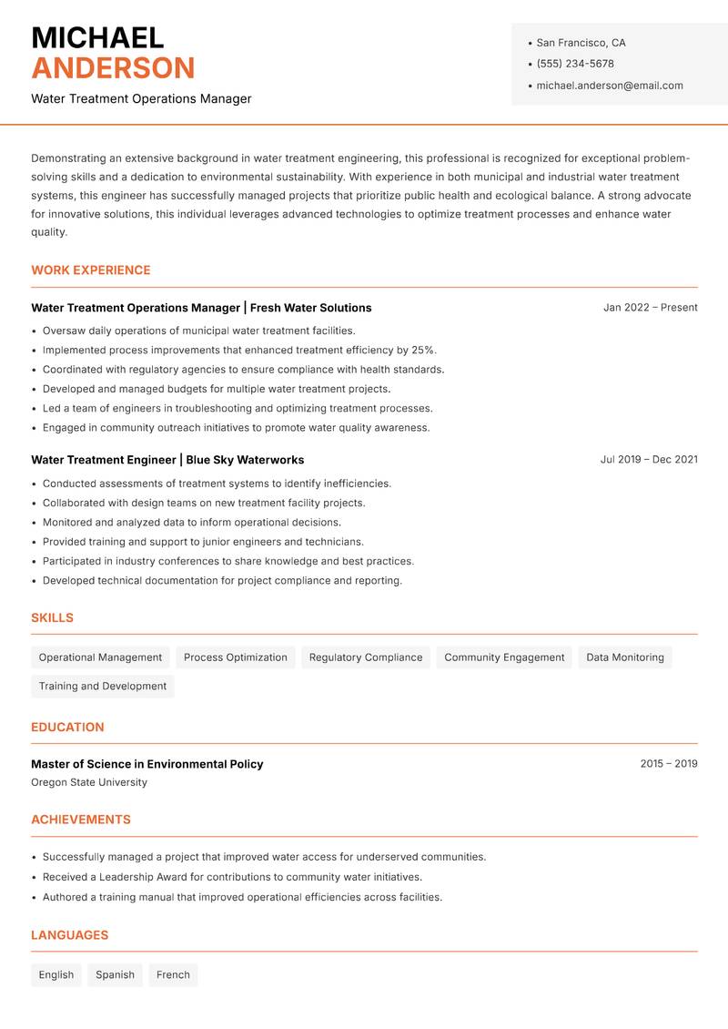 Water Treatment Engineer Resume Template