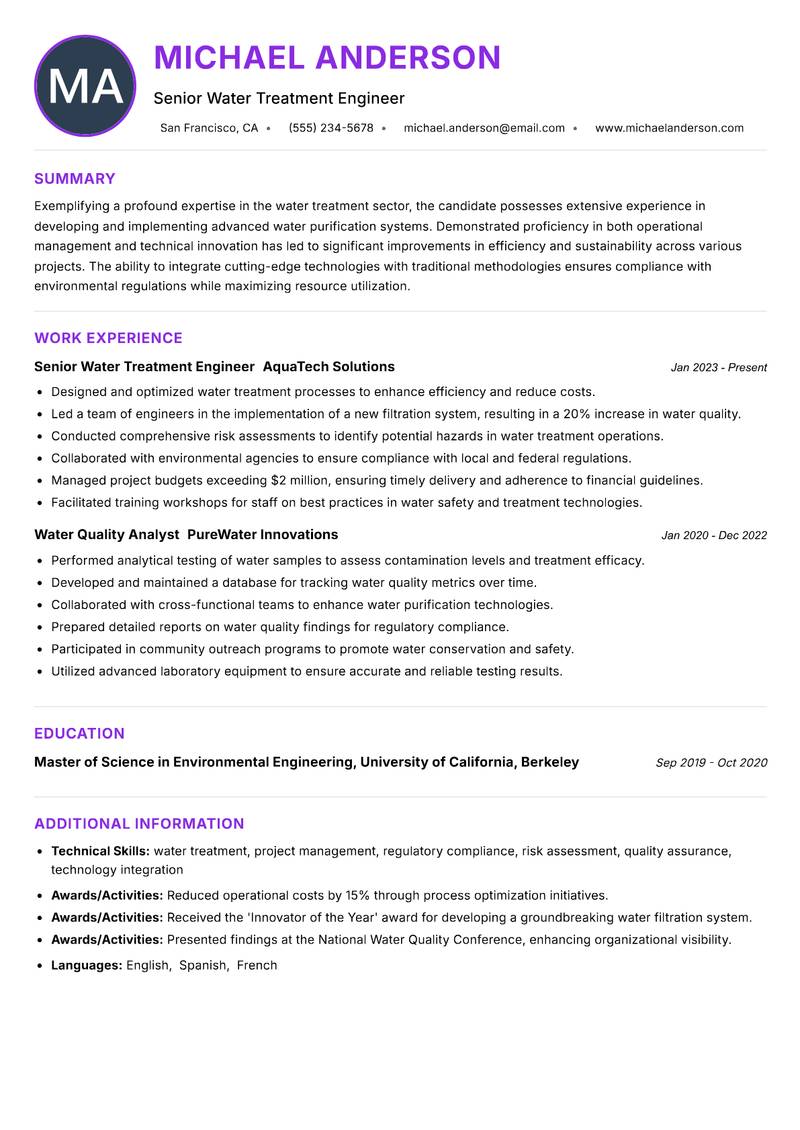 Water Treatment Technology Specialist Resume Preview Example