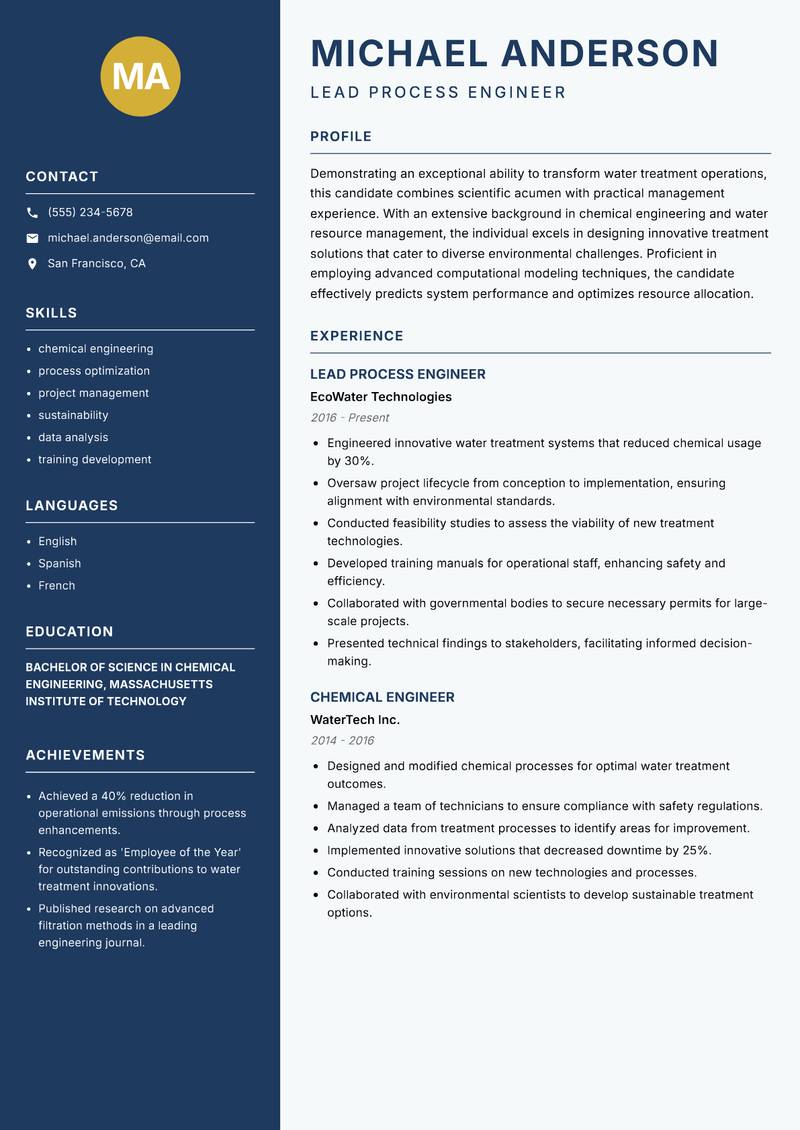 Water Treatment Technology Specialist Resume Preview Example
