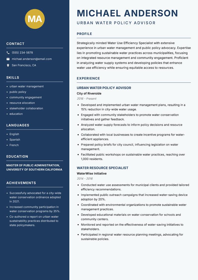 Water Use Efficiency Specialist Resume Preview Example