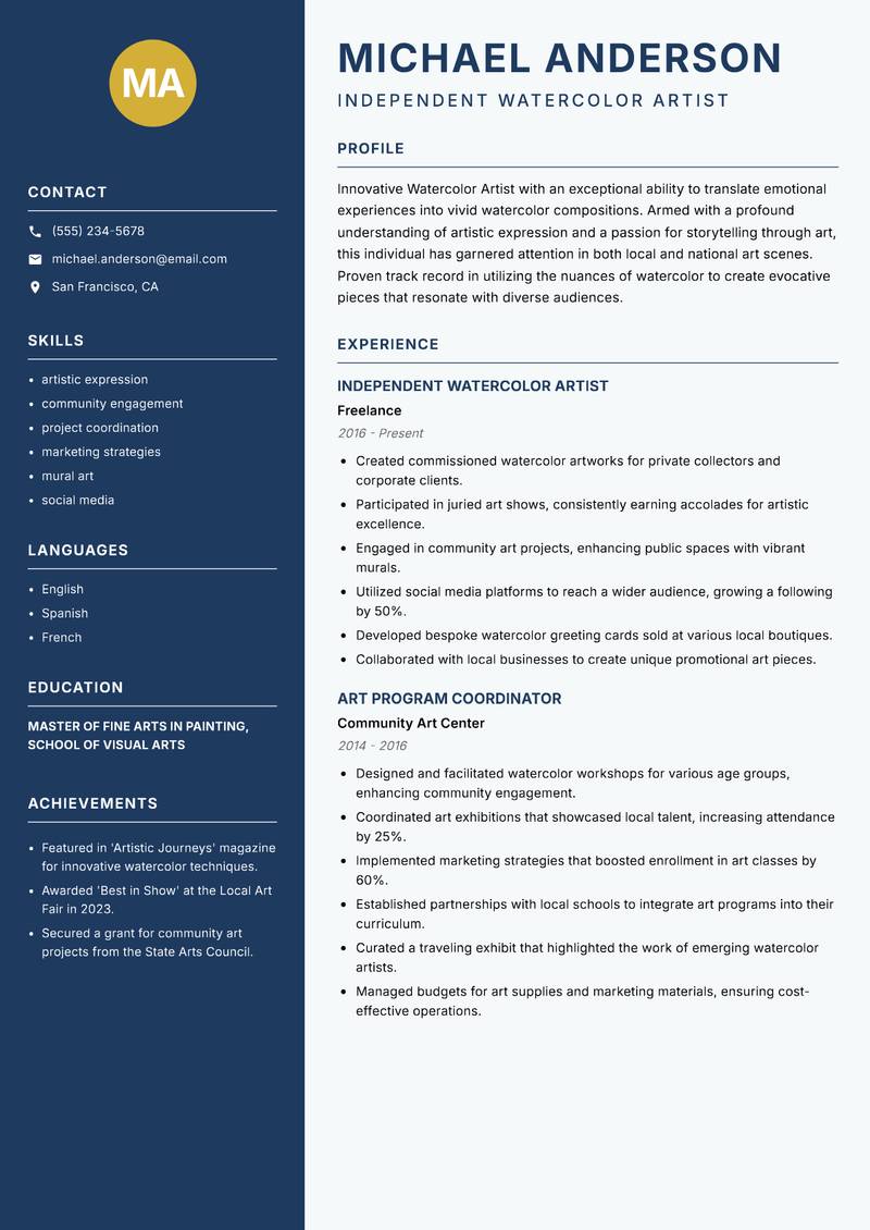 Watercolor Artist Resume Preview Example