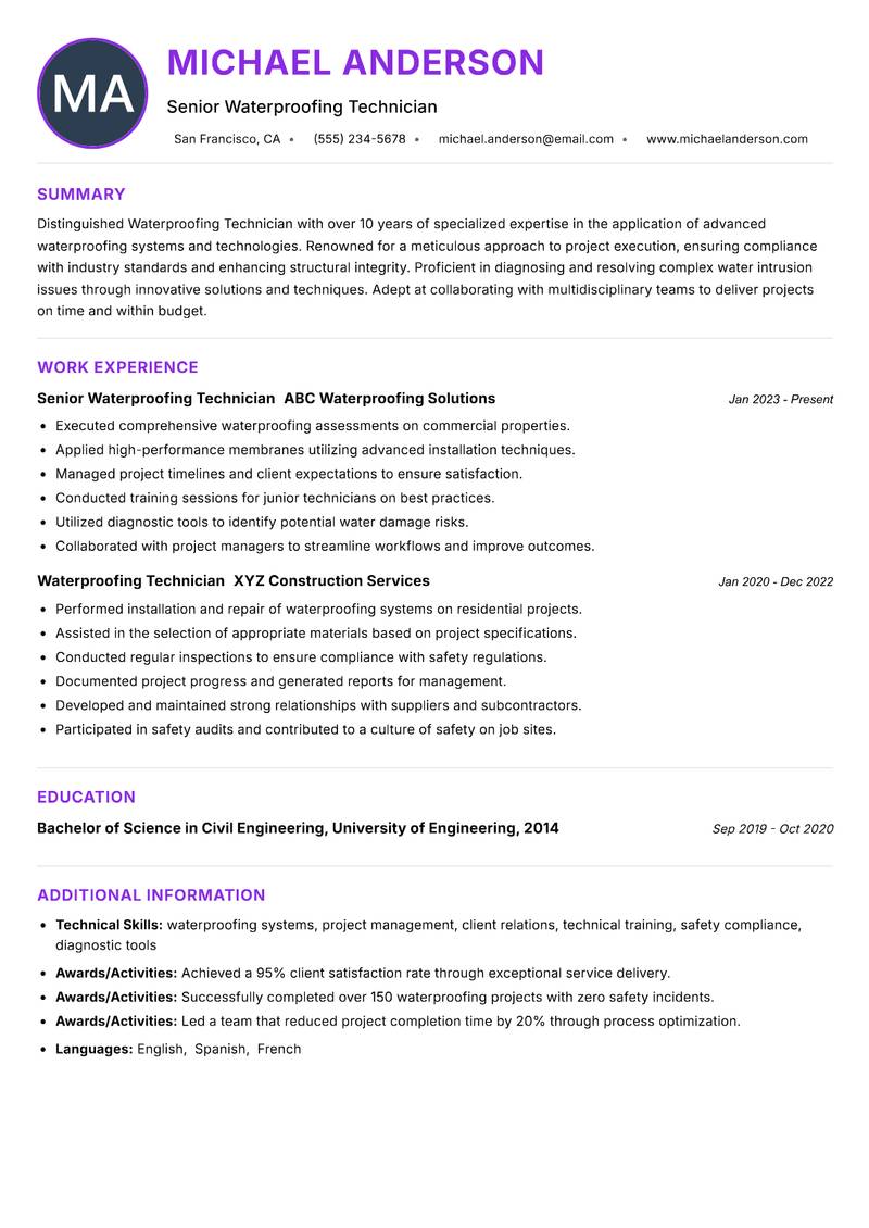 Waterproofing Technician Resume Preview Example