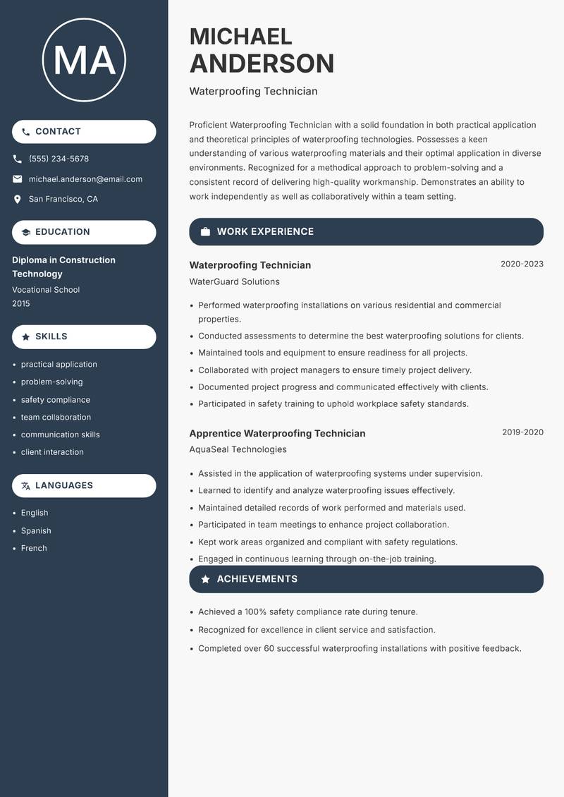 Waterproofing Technician Resume Preview Example