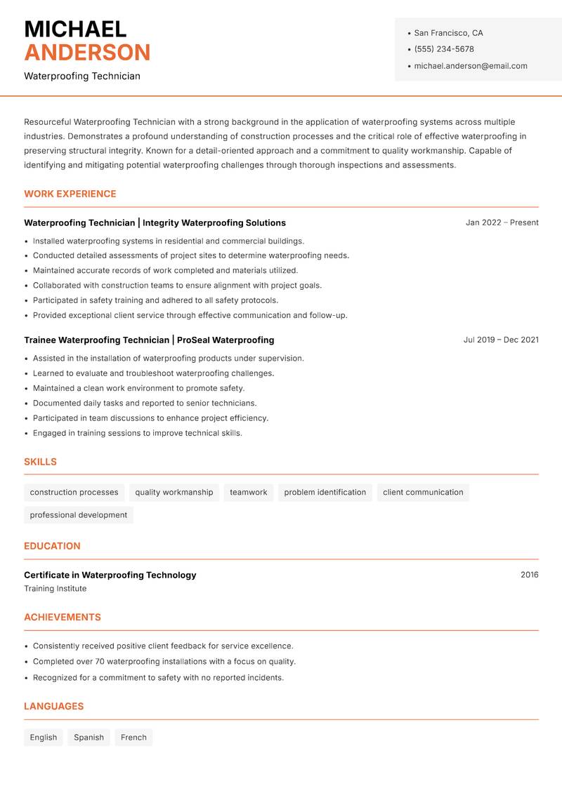 Waterproofing Technician Resume Template