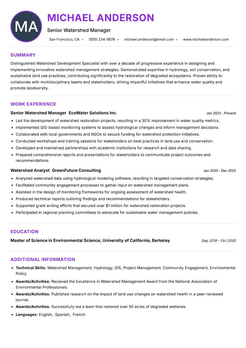 Watershed Development Specialist Resume Preview Example
