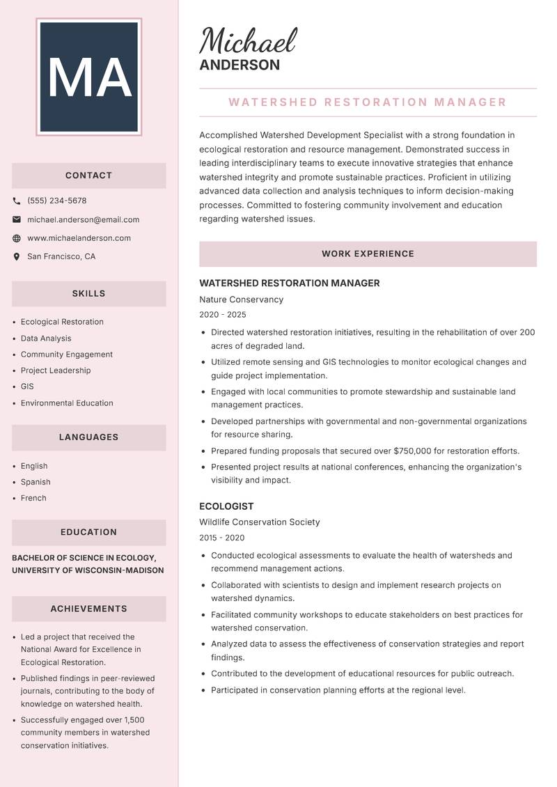 Watershed Development Specialist Resume Preview Example