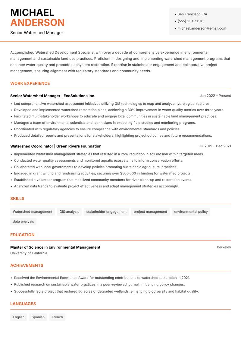 Watershed Development Specialist Resume Template