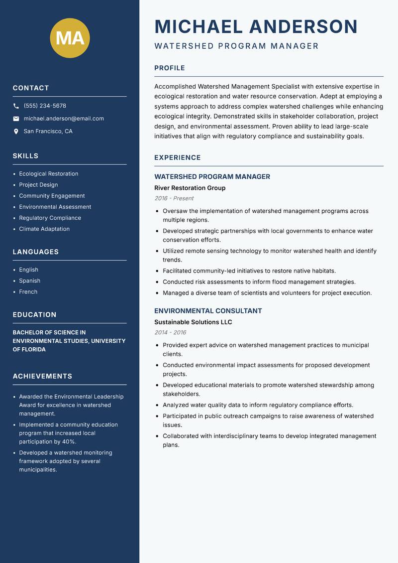 Watershed Management Specialist Resume Preview Example