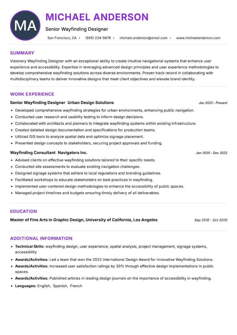 Wayfinding Designer Resume Preview Example