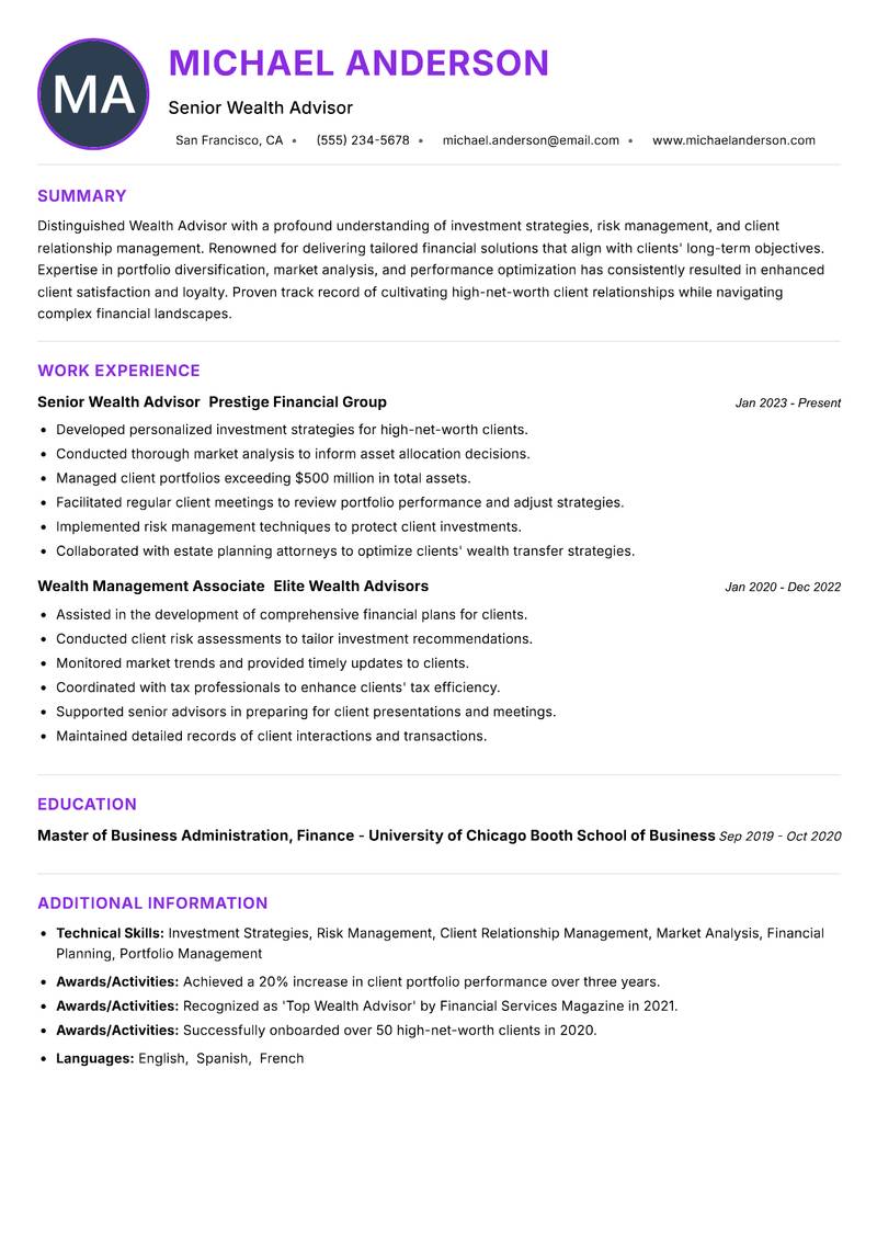 Wealth Advisor Resume Preview Example