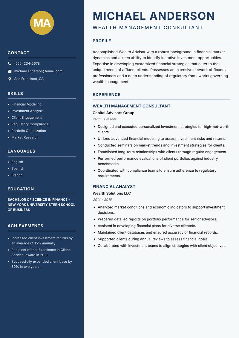Wealth Advisor Resume Preview Example