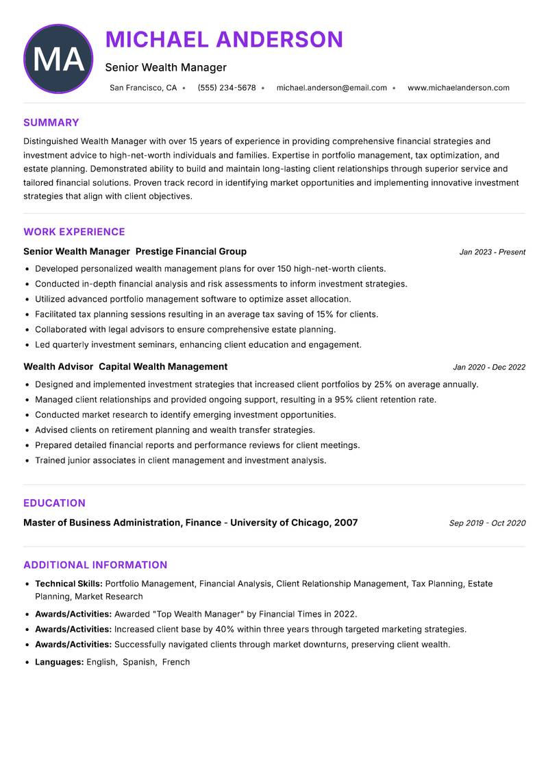 Wealth Manager Resume Preview Example