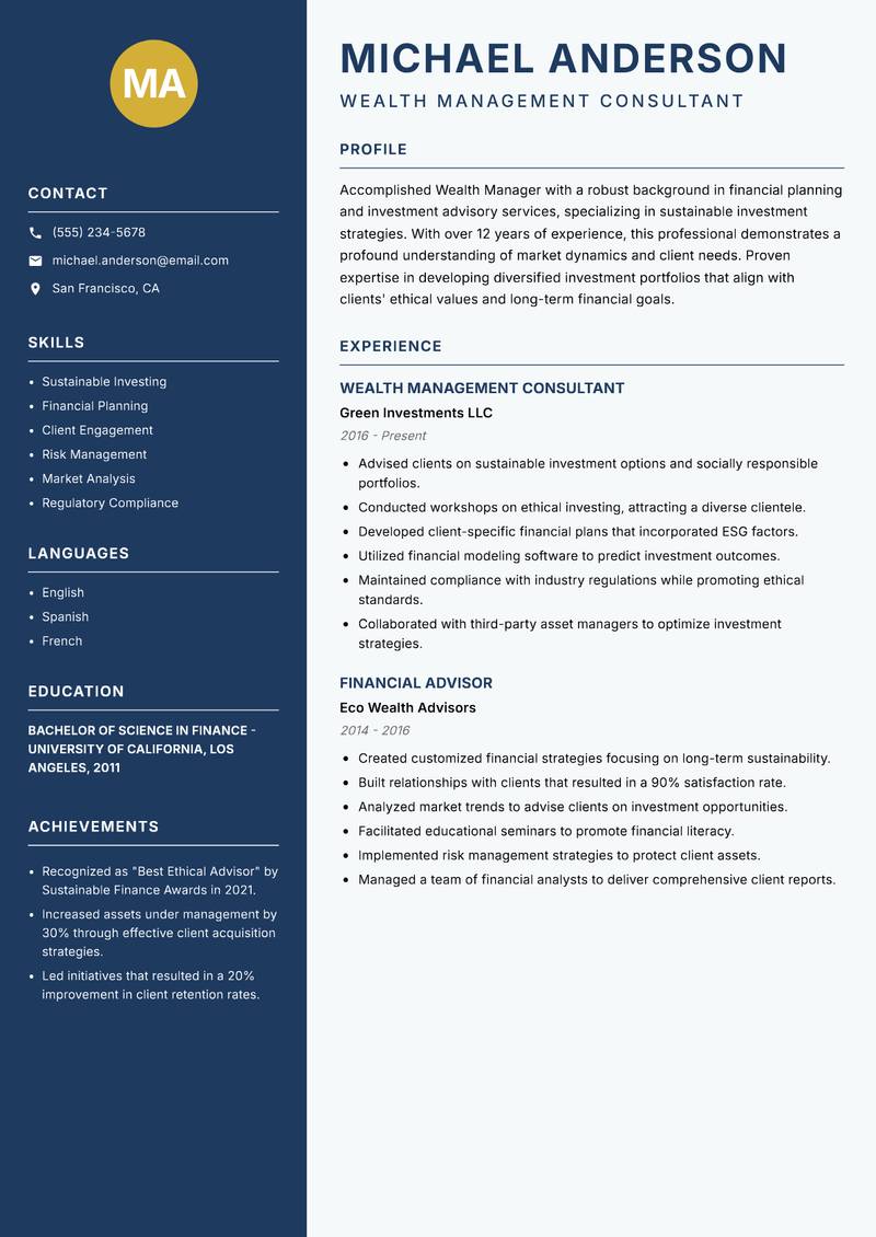 Wealth Manager Resume Preview Example