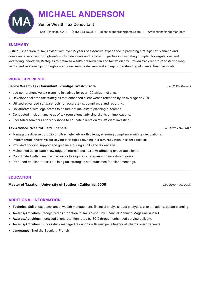 Wealth Tax Advisor Resume Preview Example