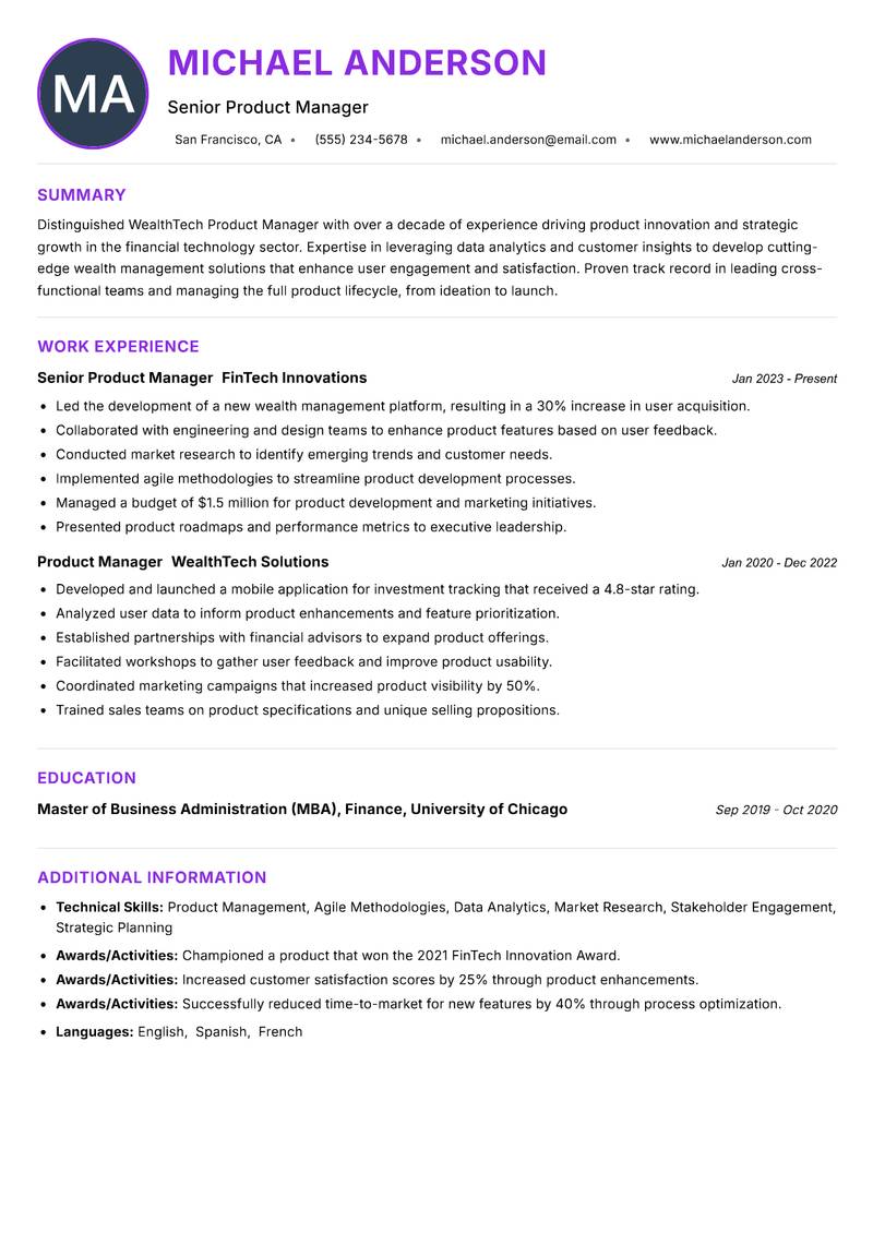 WealthTech Product Manager Resume Preview Example