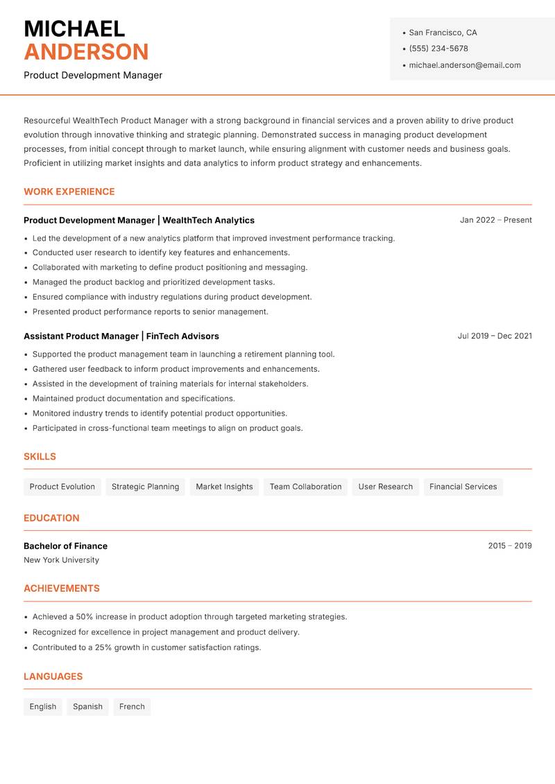 WealthTech Product Manager Resume Template