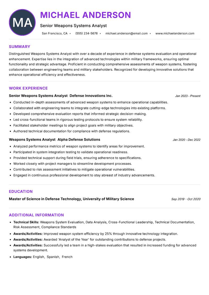 Weapons Systems Analyst Resume Preview Example