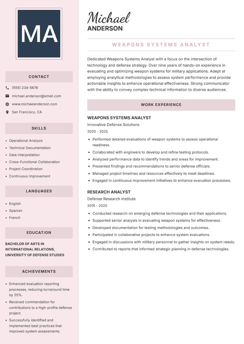 Weapons Systems Analyst Resume Preview Example