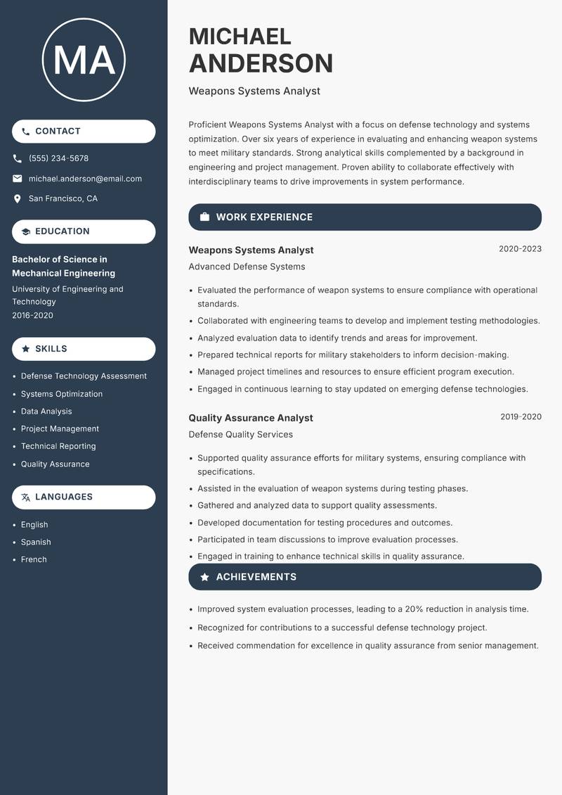Weapons Systems Analyst Resume Preview Example