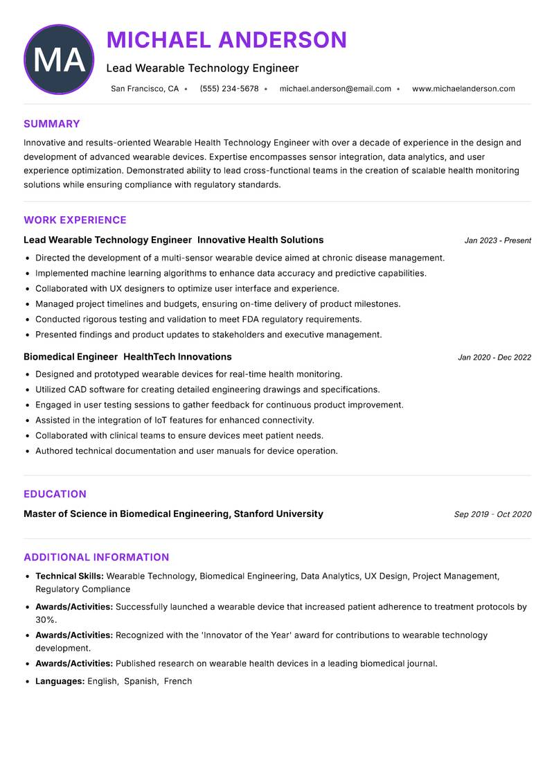 Wearable Health Technology Engineer Resume Preview Example