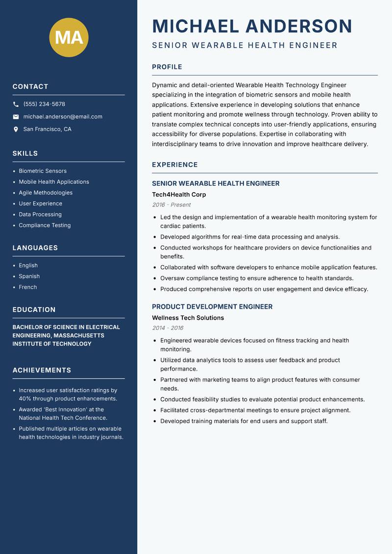 Wearable Health Technology Engineer Resume Preview Example