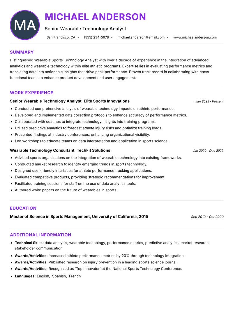 Wearable Sports Technology Analyst Resume Preview Example