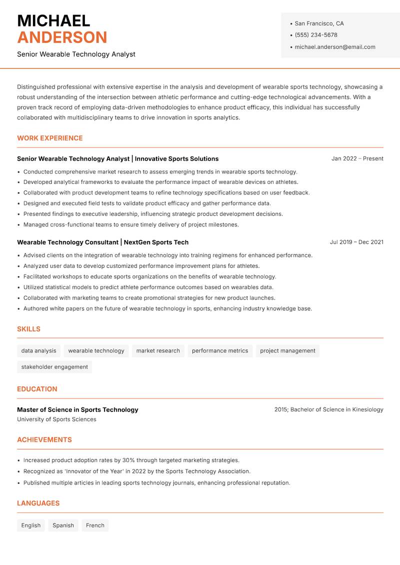 Wearable Sports Technology Analyst Resume Template