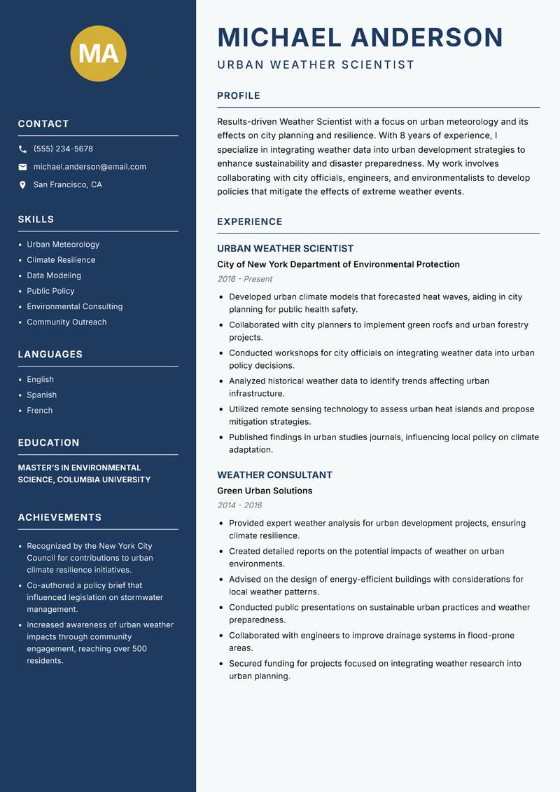 Weather Scientist Resume Preview Example