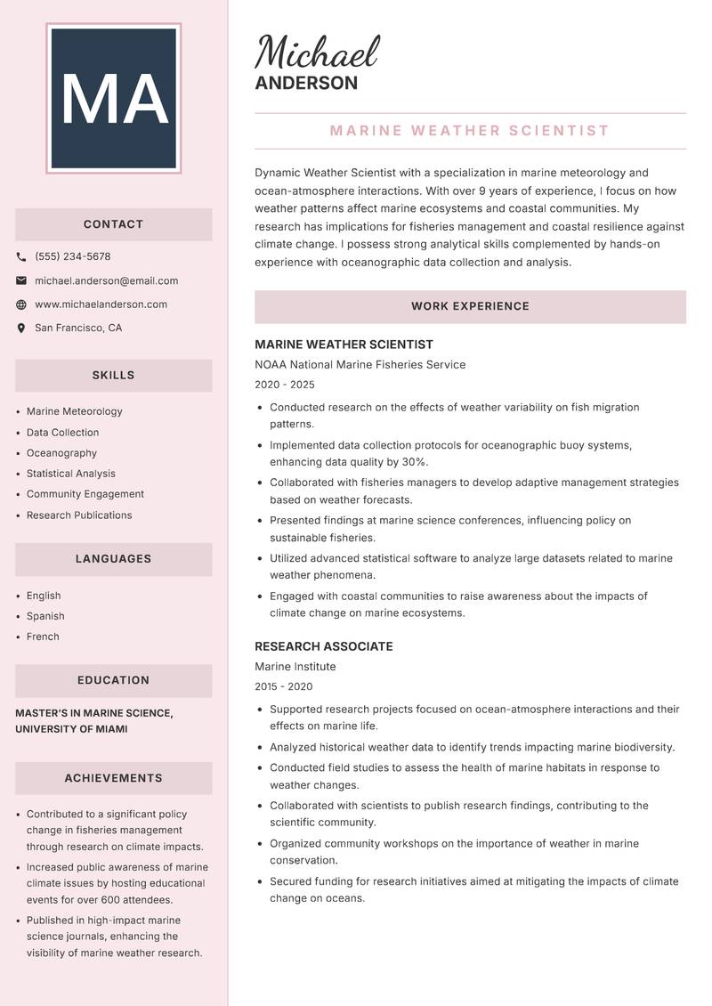 Weather Scientist Resume Preview Example