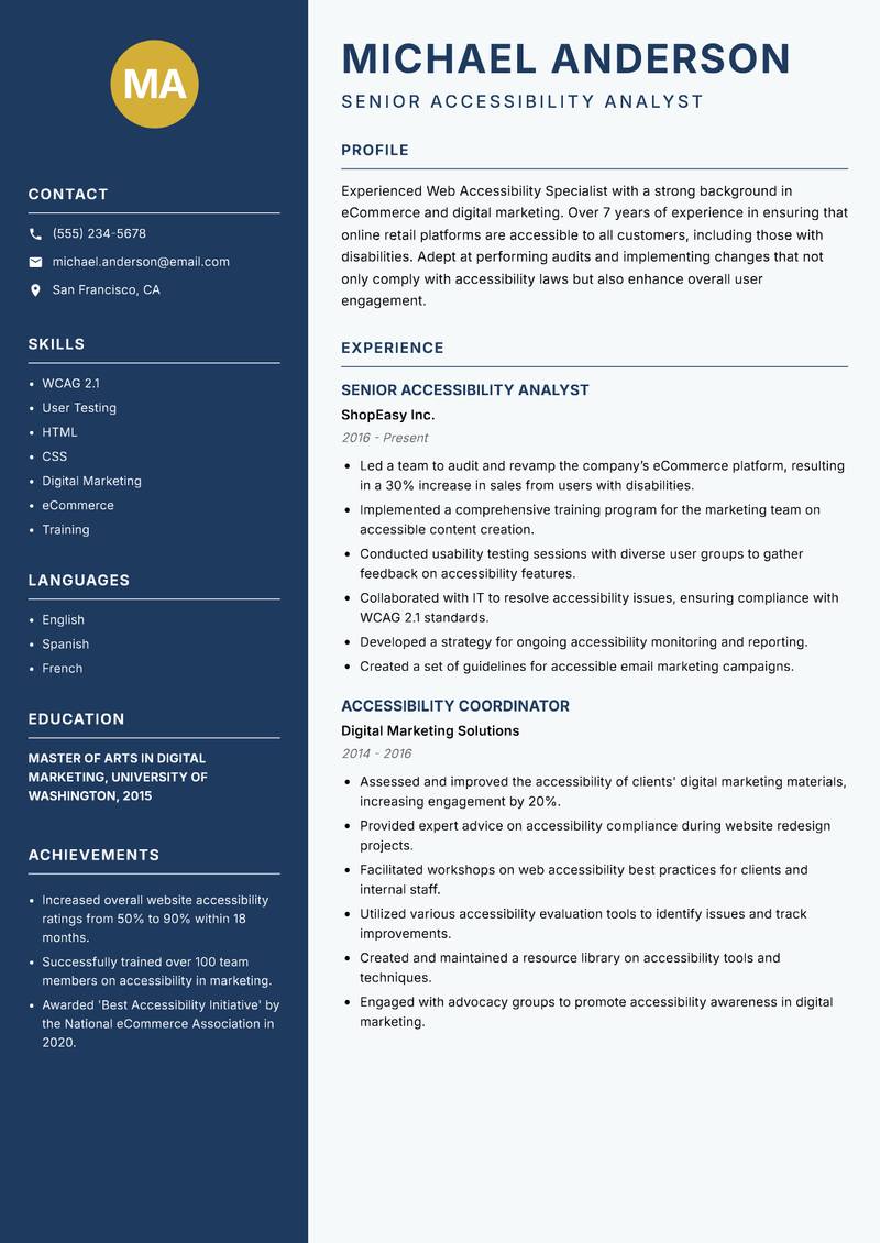 Web Accessibility Specialist Resume Preview Example