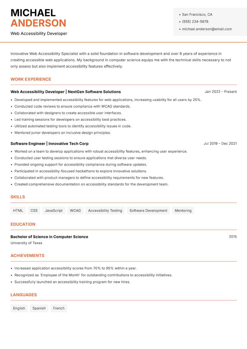 Web Accessibility Specialist Resume Template