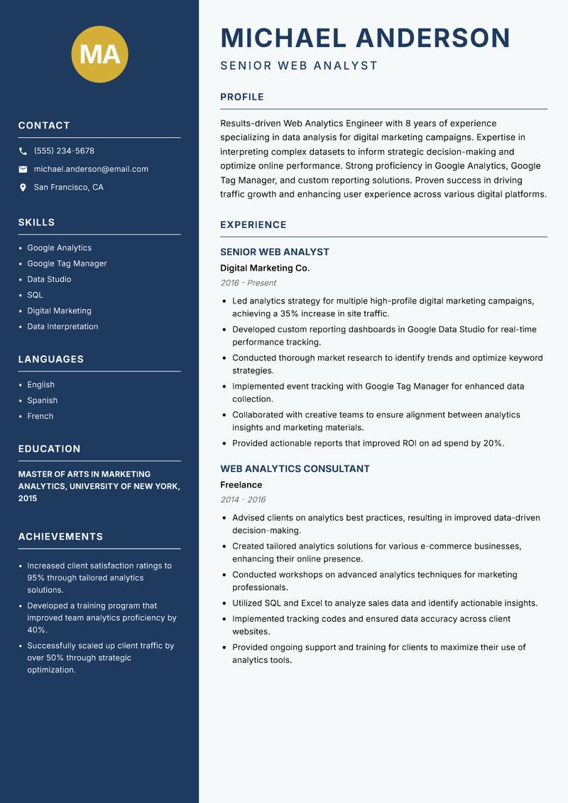 Web Analytics Engineer Resume Preview Example