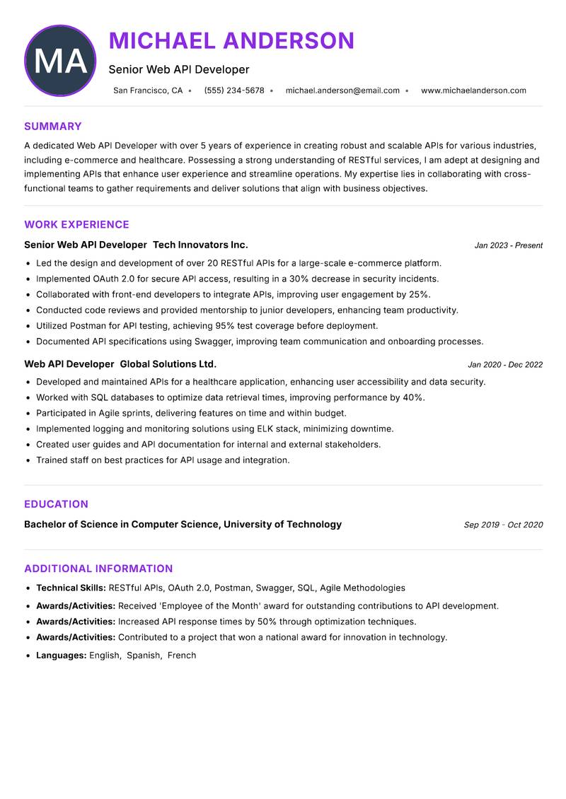 Web API Developer Resume Preview Example