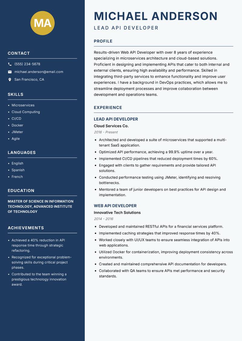 Web API Developer Resume Preview Example