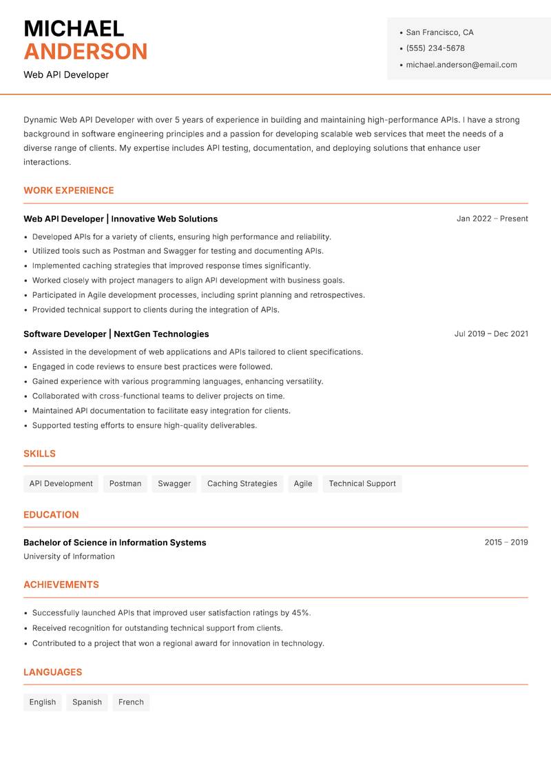 Web API Developer Resume Template