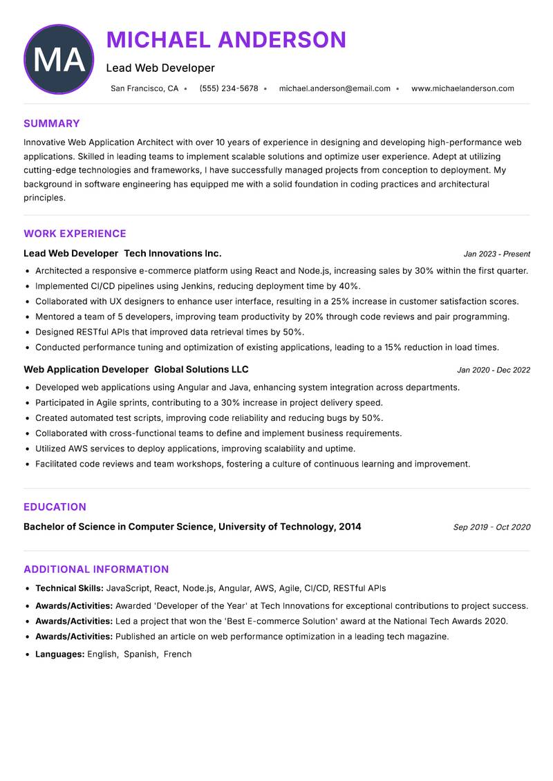 Web Application Architect Resume Preview Example