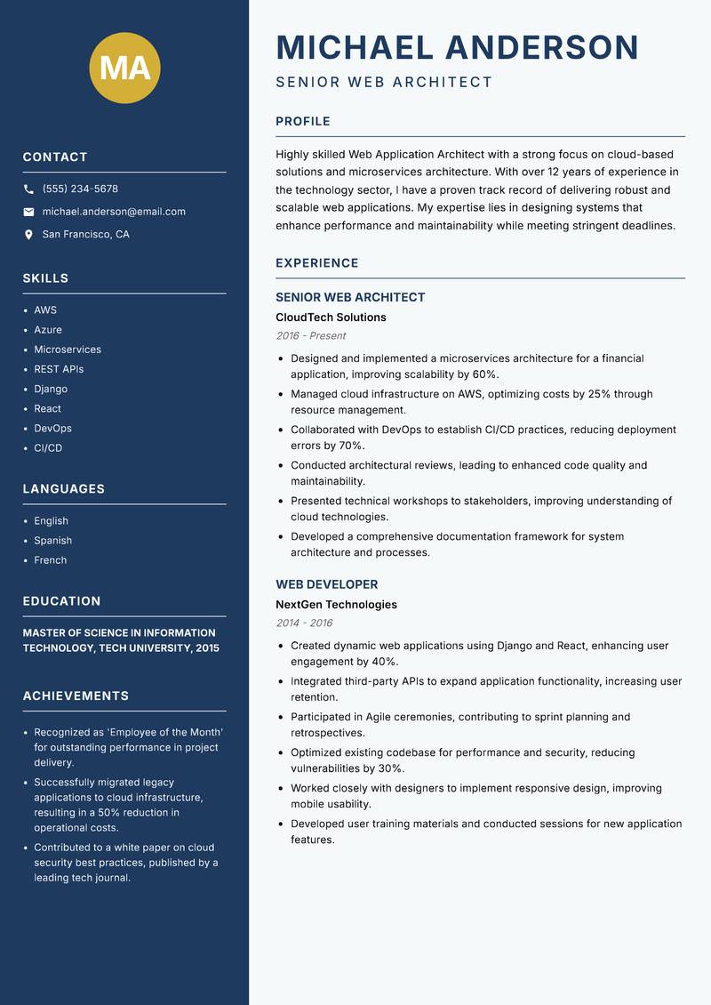 Web Application Architect Resume Preview Example