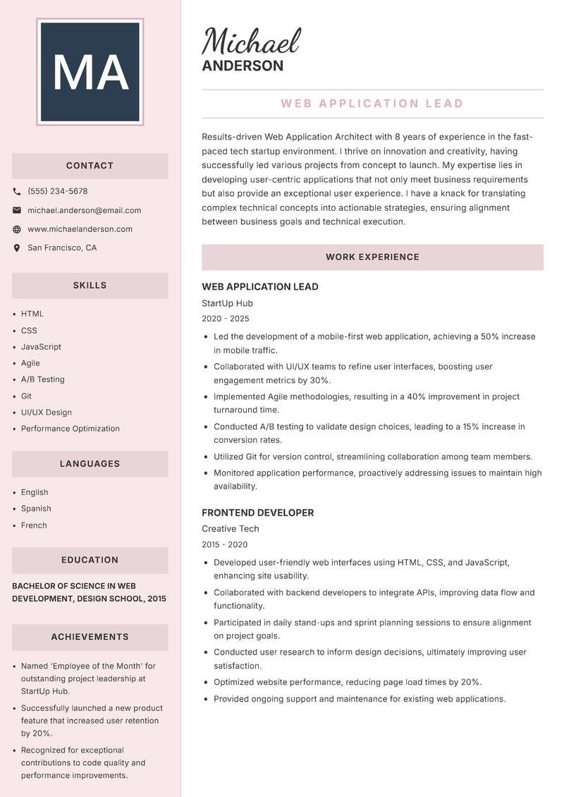 Web Application Architect Resume Preview Example