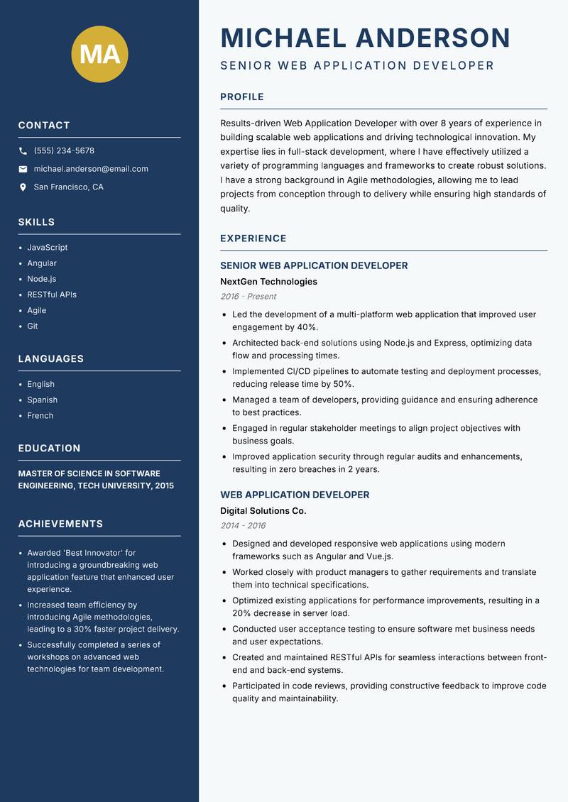 Web Application Developer Resume Preview Example