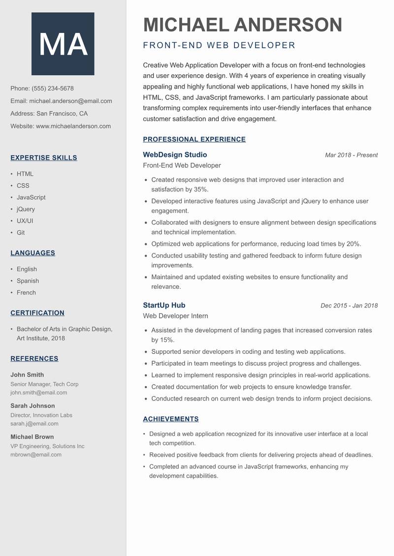 Web Application Developer Resume Preview Example