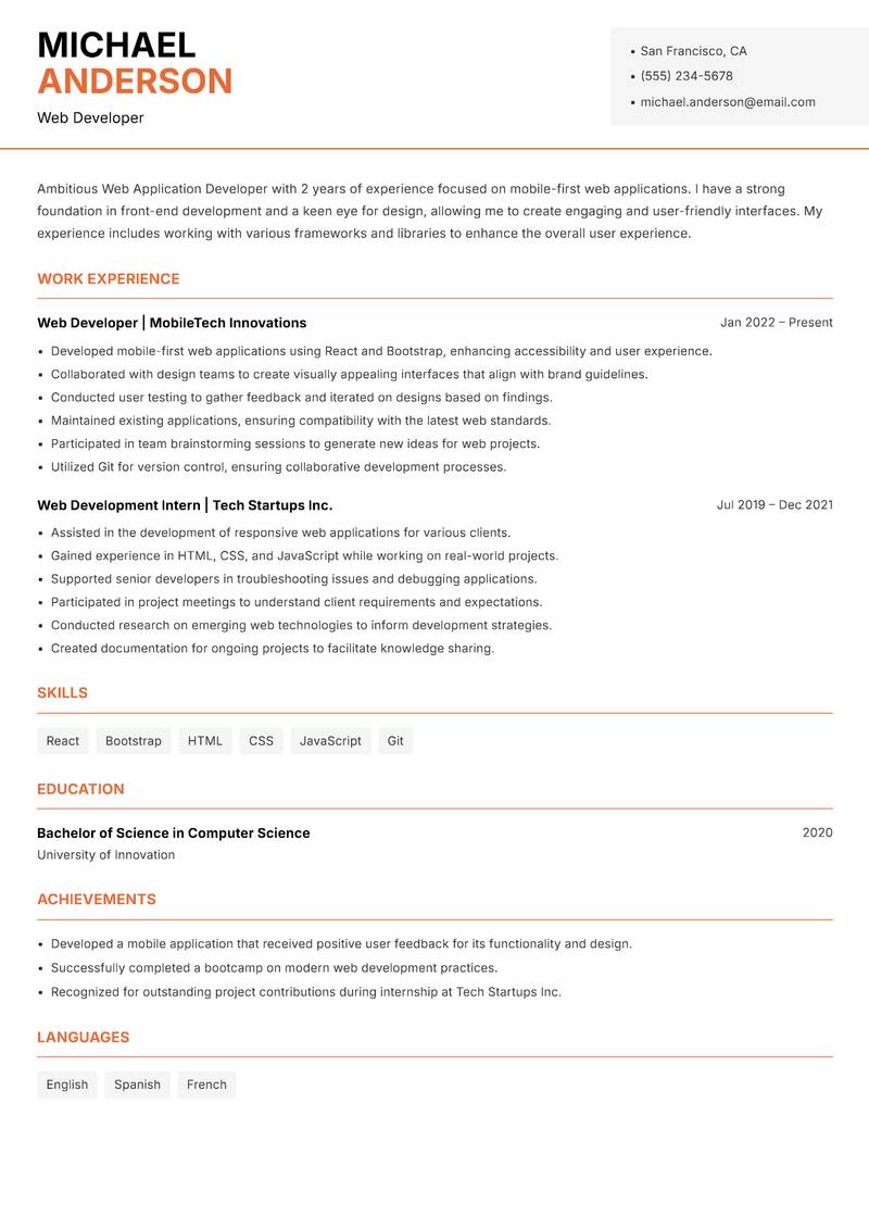 Web Application Developer Resume Template