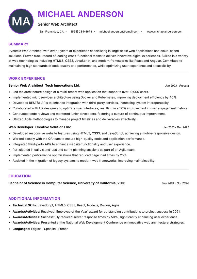 Web Architect Resume Preview Example
