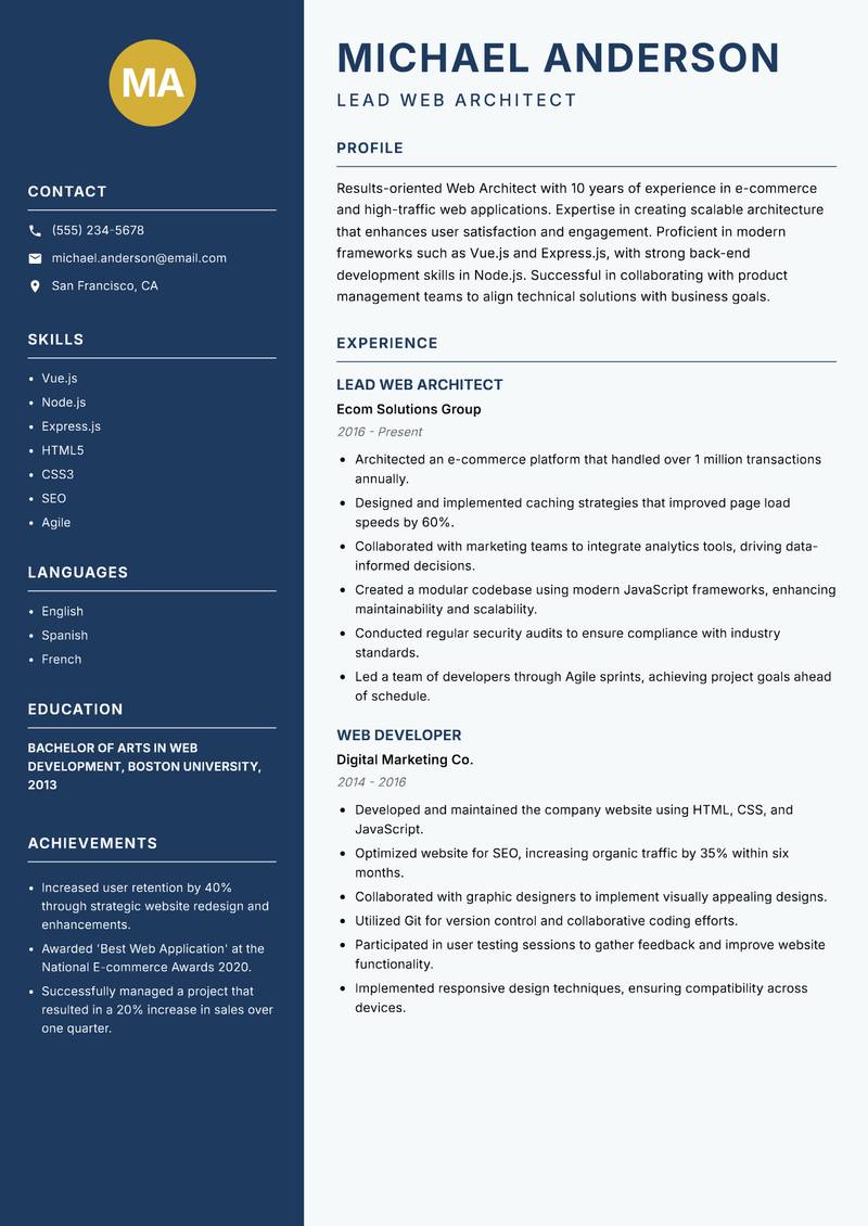 Web Architect Resume Preview Example