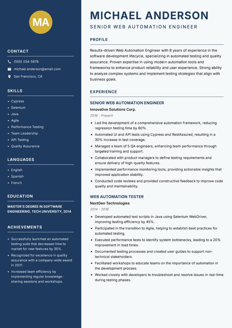 Web Automation Engineer Resume Preview Example