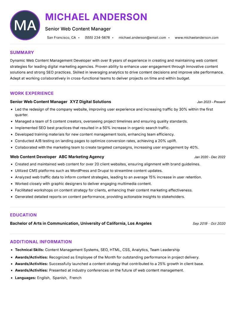 Web Content Management Developer Resume Preview Example